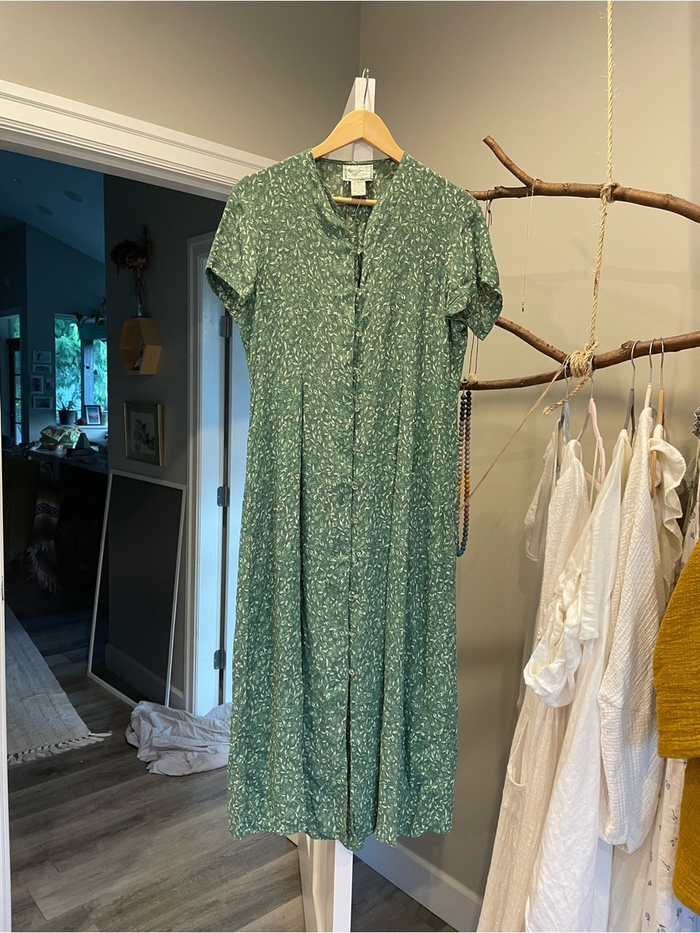 Vintage April Cornell Green Floral Button-Front Midi Dress M